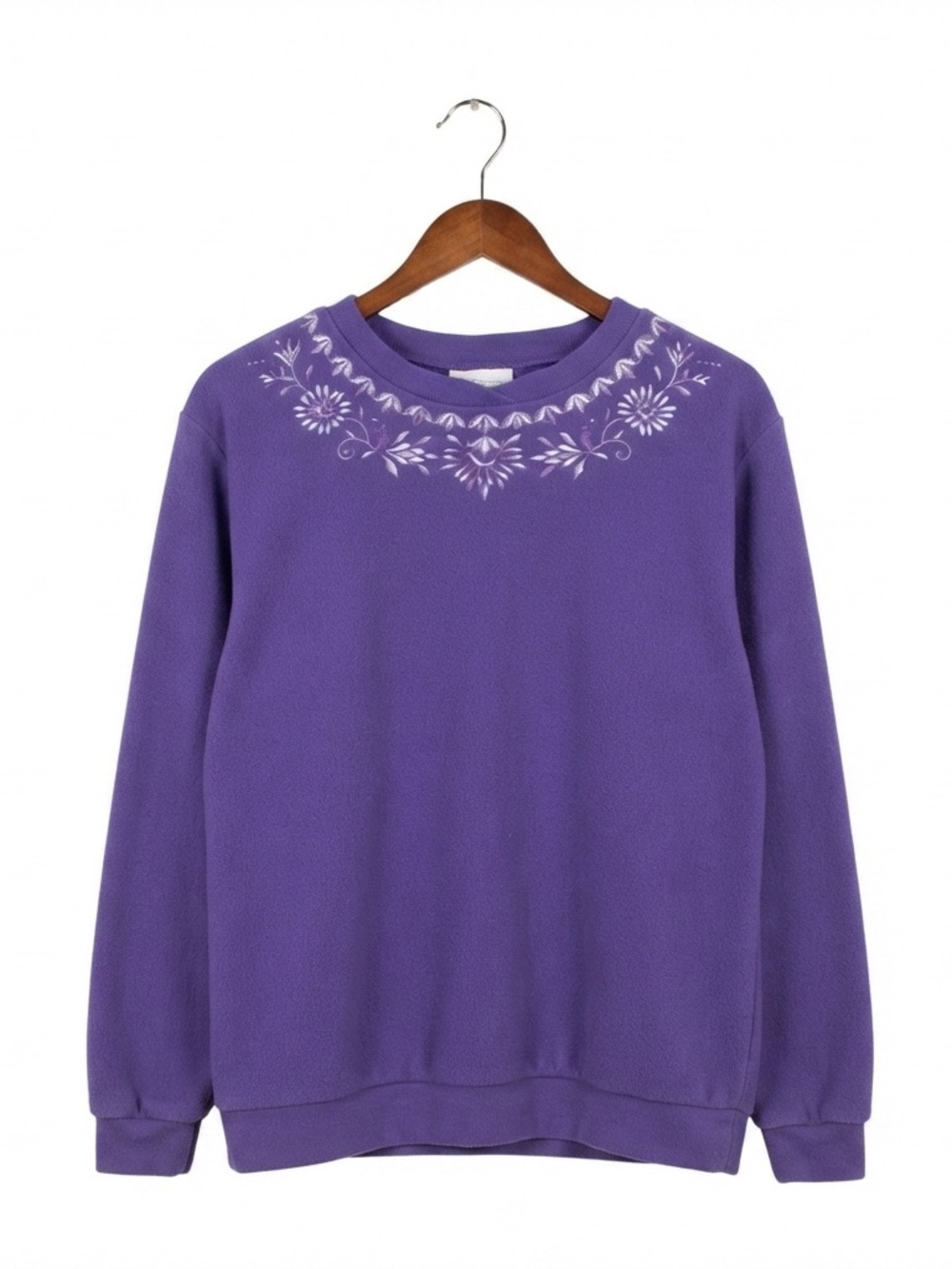 (L) Alia Petite Soft Purple Embroidered Fleece Pullover Floral Sweatshirt Top